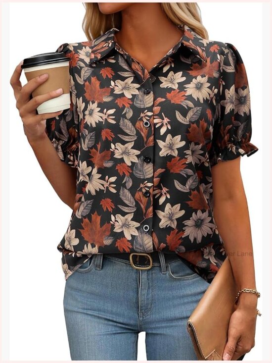 Tops - Short Sleeve Button Down Puff Sleeve Blouse Womens Casual Business Top